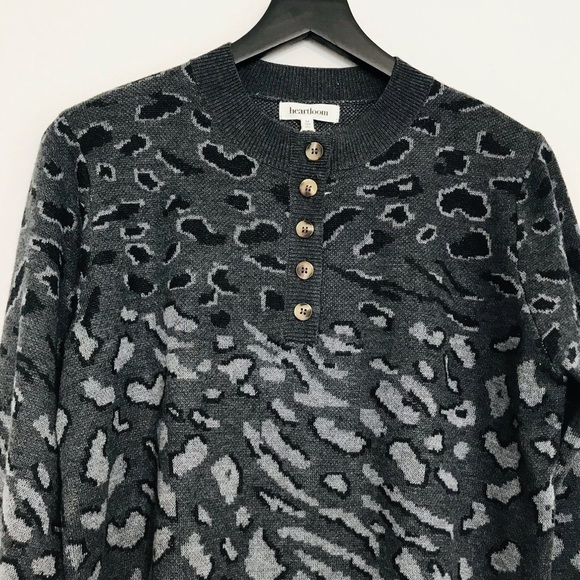 New! Heartloom Natalia Leopard Animal Print Henley Pullover Knit Wool Sweater - Picture 4 of 11